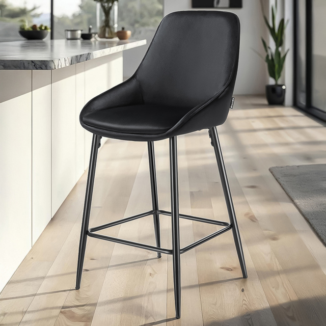 tectake Sierra Set of 2 Black Velvet Look Padded Bar Stools - image 1