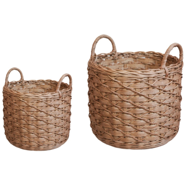 Ivyline Woven Rattan Natural Round Log Basket with Handles Set of 2 - image 1