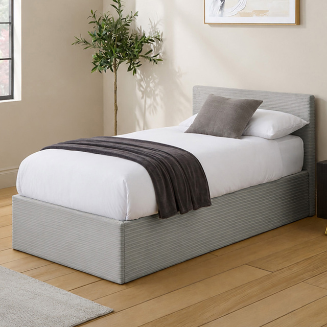 GFW Grey Single Corduroy End Lift Ottoman Bed with Memory Pocket Spring Mattress