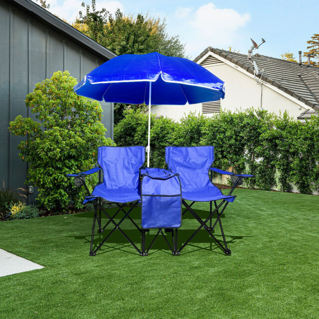 Blue 2 Seater Beach Chair and Parasol Set - image 1