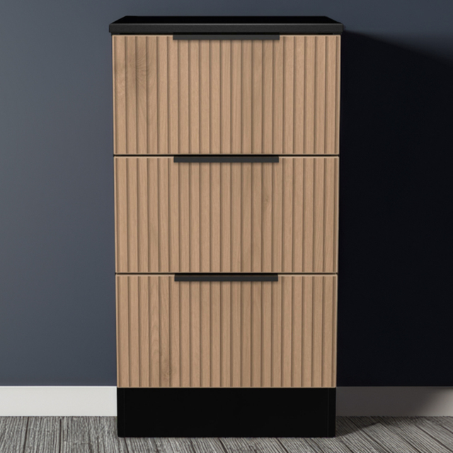 Crowndale Java Slatt Effect and Black 3 Drawer Bedside Cabinet - image 1