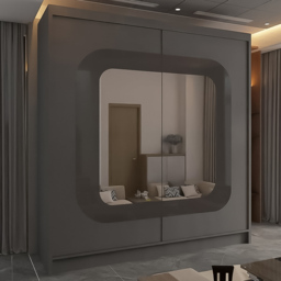 M N Furniture Cheen 2 Door Grey Strip Mirrored Sliding Wardrobe 203cm - thumbnail 1