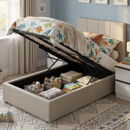 FWStyle Hoscar Beige Single Upholstered Lift-Up Ottoman Bed Frame with Ribbed Headboard