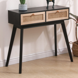 FurnitureHMD 2 Drawer Black Rattan Weaving Console Table - thumbnail 1