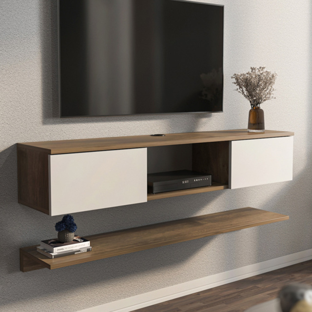 Decorotika Elia Walnut White 2 Door Single Shelf Floating Wide TV Unit with Wall Shelf - image 1
