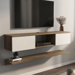 Decorotika Elia Walnut White 2 Door Single Shelf Floating Wide TV Unit with Wall Shelf - thumbnail 1