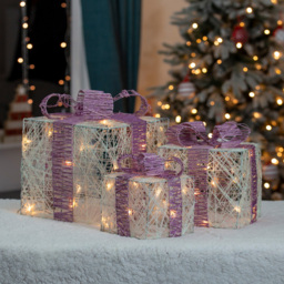 The Christmas Workshop LED White Light Up Gift Box with Pink Bow Set of 3