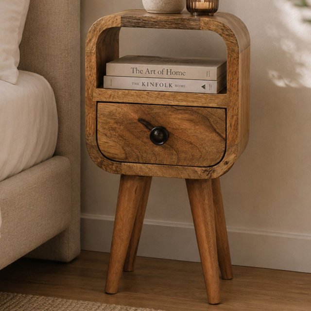 Artisan Furniture Oak-ish Single Drawer Single Shelf Solid Wood Extra Mini Curved Bedside Table - image 1