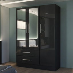 M N Furniture Glossera 3 Door 2 Drawer Black High Gloss Mirrored Wardrobe 116cm