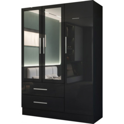 M N Furniture Glossera 3 Door 2 Drawer Black High Gloss Mirrored Wardrobe 116cm - thumbnail 2