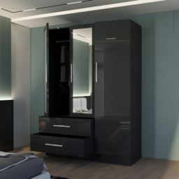 M N Furniture Glossera 3 Door 2 Drawer Black High Gloss Mirrored Wardrobe 116cm - thumbnail 3