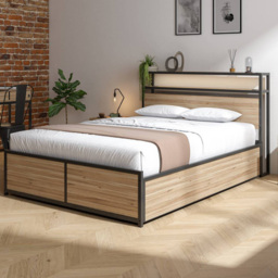 XR Living Denver Oak and Black Double Ottoman Bed with App Controlled LED