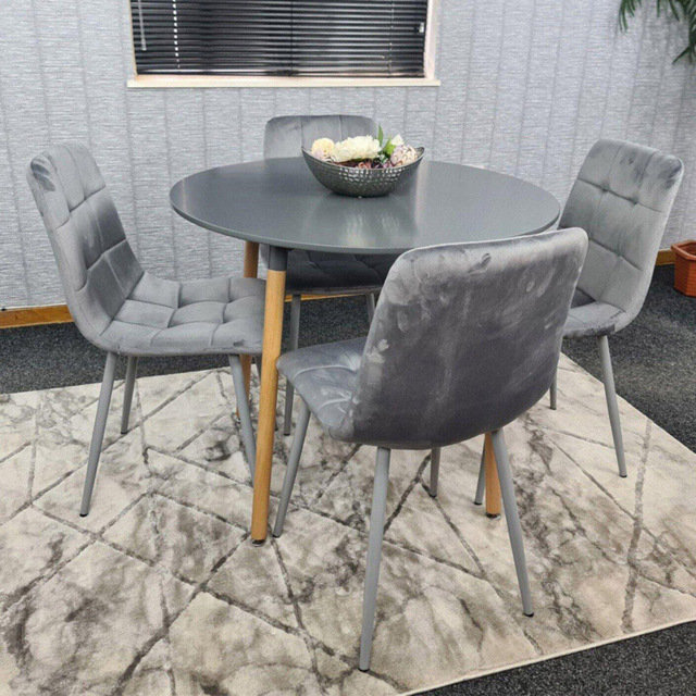 Portland Rocco 4 Seater Round Velvet Dining Set Grey - image 1