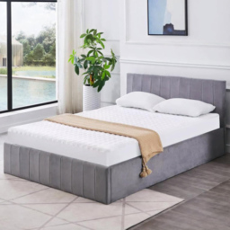 Portland Kosy Koala Small Double Grey Line Pattern Velvet Gas Lift Ottoman Bed with Mattress