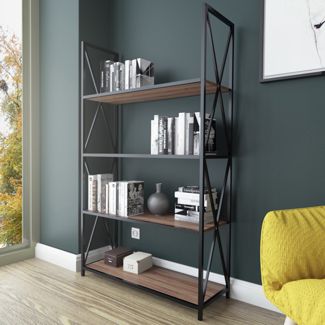 Decorotika Xena Walnut and Black 4-Tier Metal Bookcase - image 1