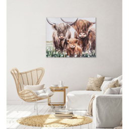 Hand Painted Highland Cow Family Canvas - Multicolour - thumbnail 2
