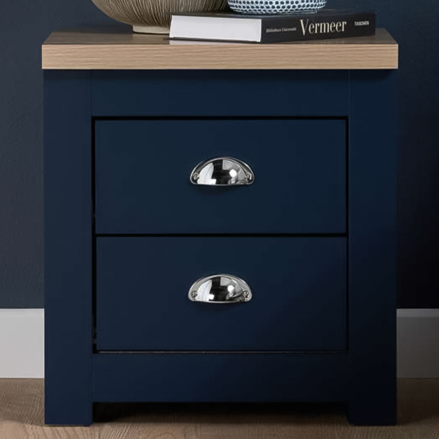 Highgate 2 Drawer Navy and Oak Bedside Table - image 1