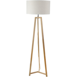 ValueLights Lottie White Edge Drum Shade Natural Wood Tripod LED Floor Lamp