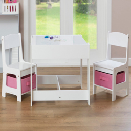 Liberty House Toys Kids White and Pink Table and 2 Chairs Set with Storage Bins