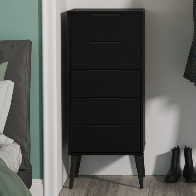 Crowndale Hong Kong 5 Drawer Matt Black Tall Bedside Cabinet Ready Assembled - image 1