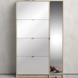 Florence Shoes 5 Flip Door Double Layer Oak and White Mirrored Shoe Storage Cabinet