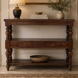 Artisan Furniture Brown 2 Drawer 2 Shelf Solid Wood Turned-Leg Console Table