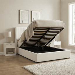 Home Source Alix White Boucle Double Lift-Up Ottoman Bed with Fluted Headboard - thumbnail 2