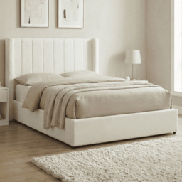 Home Source Alix White Boucle Double Lift-Up Ottoman Bed with Fluted Headboard