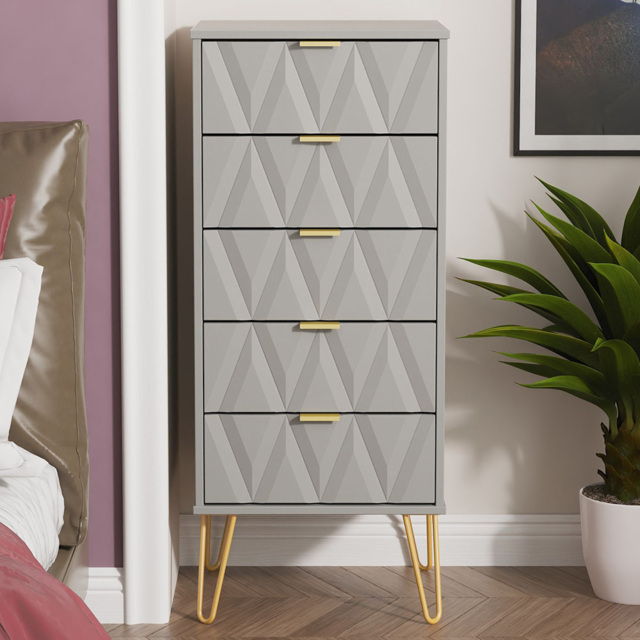 Crowndale Diamond 5 Drawer Dusk Grey Tall Bedside Cabinet Ready Assembled - image 1