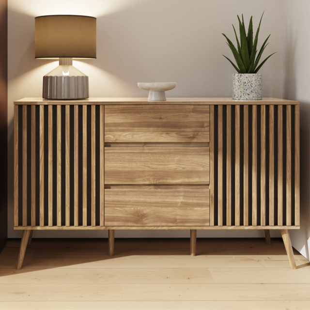 GFW Rowan Oak 2 Door 3 Drawer Louvered Large Sideboard - image 1
