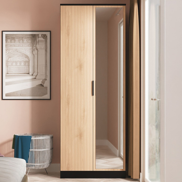Crowndale Java Slatted Effect Tall Double Wardrobe with Mirror Door Ready Assembled - image 1