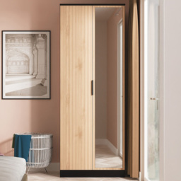 Crowndale Java Slatted Effect Tall Double Wardrobe with Mirror Door Ready Assembled - thumbnail 1