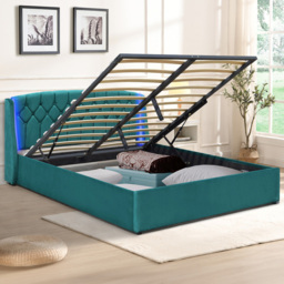 Comfy Living Double Green Fabric Gaslift Bed Frame with LED Headboard
