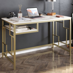 Decorotika Victory White Marble Effect and Gold Wide Study Desk