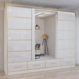 Sliding Wardrobes 4U Sydney White High Gloss 3 Door 4 Drawer Mirror Wardrobe