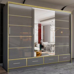 M N Furniture Silora 3 Door 4 Drawer Grey and Gold High Gloss Mirrored Sliding Wardrobe 253cm
