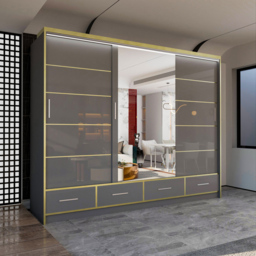 M N Furniture Silora 3 Door 4 Drawer Grey and Gold High Gloss Mirrored Sliding Wardrobe 253cm - thumbnail 4