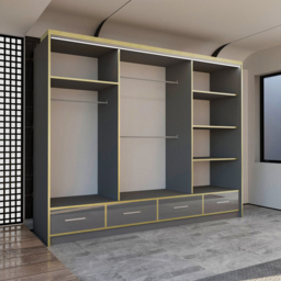 M N Furniture Silora 3 Door 4 Drawer Grey and Gold High Gloss Mirrored Sliding Wardrobe 253cm - thumbnail 3
