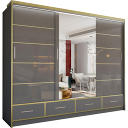 M N Furniture Silora 3 Door 4 Drawer Grey and Gold High Gloss Mirrored Sliding Wardrobe 253cm - thumbnail 2