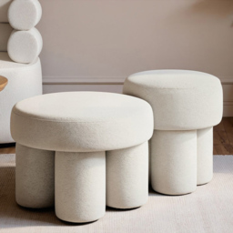 SOLACE+CO Ferro Beige Fabric Round Pouffe Set of 2
