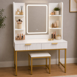 Kosy Koala Annabelle 2 Drawer 4 Shelf White and Gold Dressing Table Set with LED Mirror