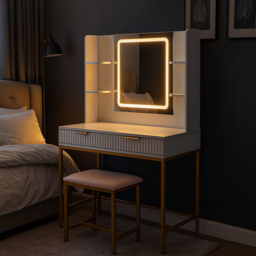 Kosy Koala Annabelle 2 Drawer 4 Shelf White and Gold Dressing Table Set with LED Mirror - thumbnail 3
