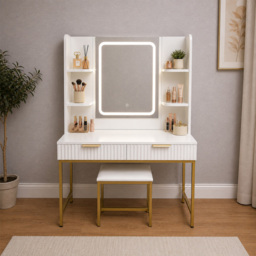 Kosy Koala Annabelle 2 Drawer 4 Shelf White and Gold Dressing Table Set with LED Mirror - thumbnail 2