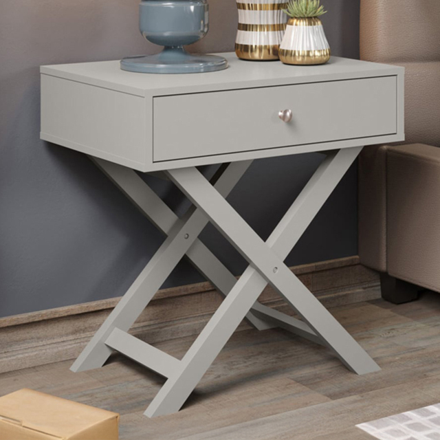 Leighton Single Drawer Light Grey X Legs Bedside Table - image 1