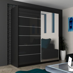 M N Furniture Inovo 2 Door Black High Gloss Mirrored Sliding Wardrobe 150cm - thumbnail 3