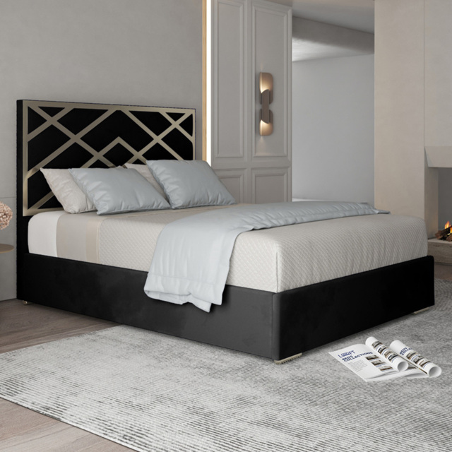Mayfair Black Super King Size Velvet Upholstered Metal Bed Frame with Panelled Headboard - image 1