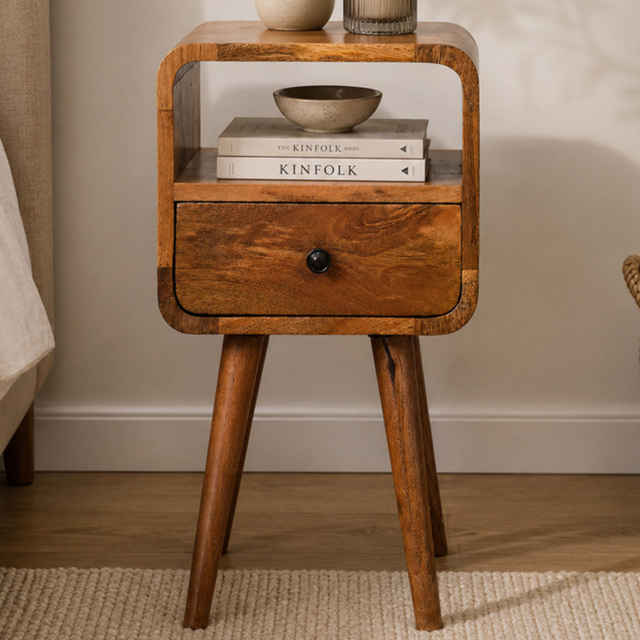 Artisan Furniture Mini Oak Single Drawer Single Shelf Mango Wood Curved Open Bedside Table - image 1