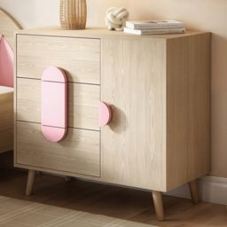 Flair Noah Oak and Pink Single Door 3 Drawers Cabinet