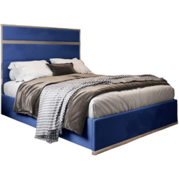 Bentley Blue Double Velvet Upholstered Metal Bed Frame with Panelled Headboard - thumbnail 2