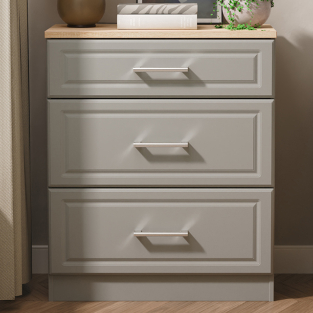 Crowndale Kent Dusk Grey and Bardolino Oak 3 Drawer Deep Chest of Drawers Ready Assembled - image 1